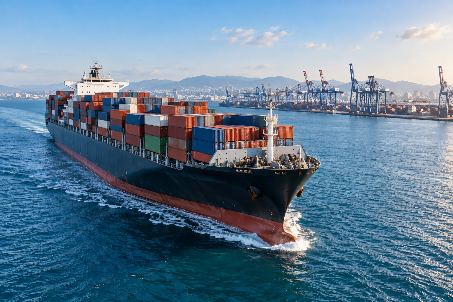 Container ship transporting commercial VR equipment by sea to an international port